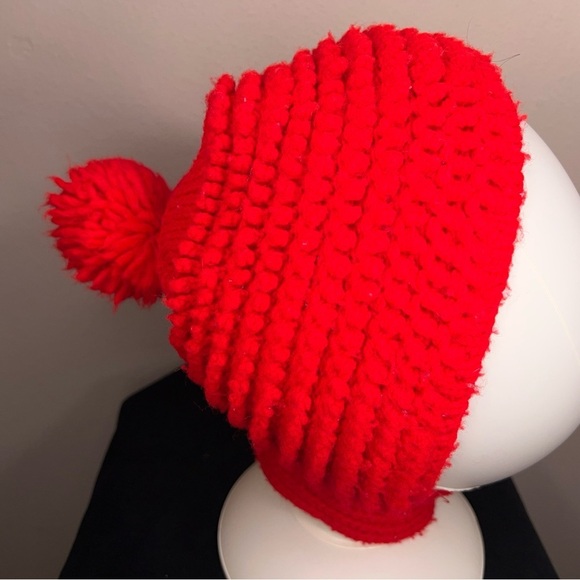 VINTAGE RED KNIT HANDMADE CHILDS HAT CROCHET RETRO VIBRANT HOLIDAY - Picture 5 of 7